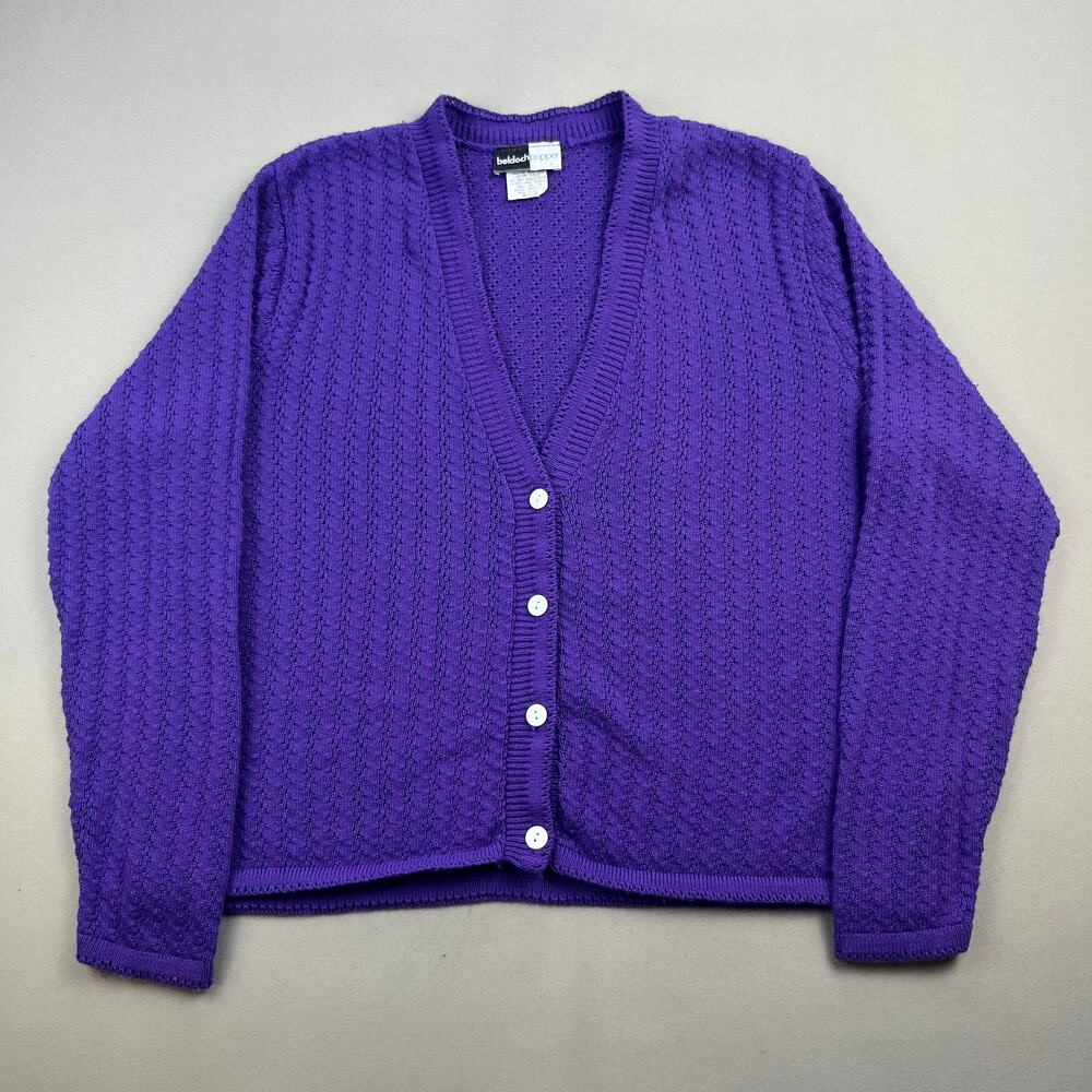 Vintage Cardigan Sweater Womens Medium Purple Knit Beldoch Popper Made USA 90s